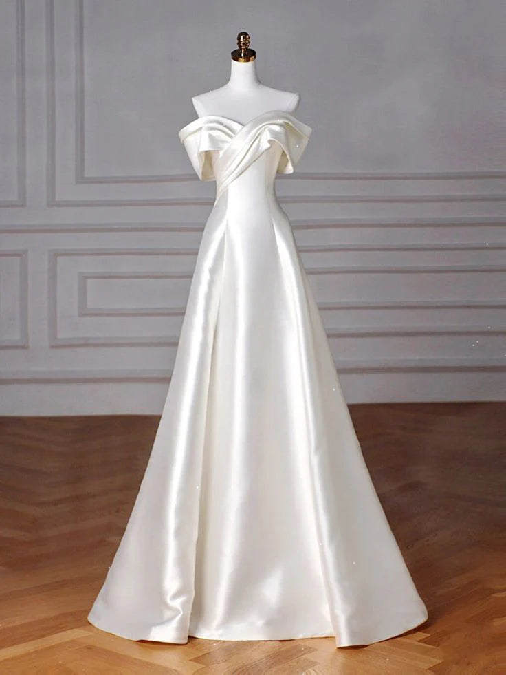 Buyishang Timeless A-Line Off Shoulder Satin Wedding Dresses With Ruffles dress for wedding